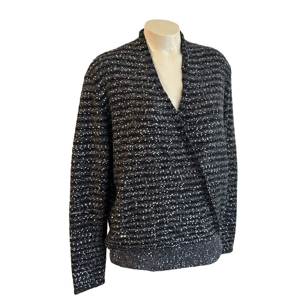 J. McLaughlin Gretta Charcoal Black Metallic Stripe Faux Wrap Alpaca Wool S NWT